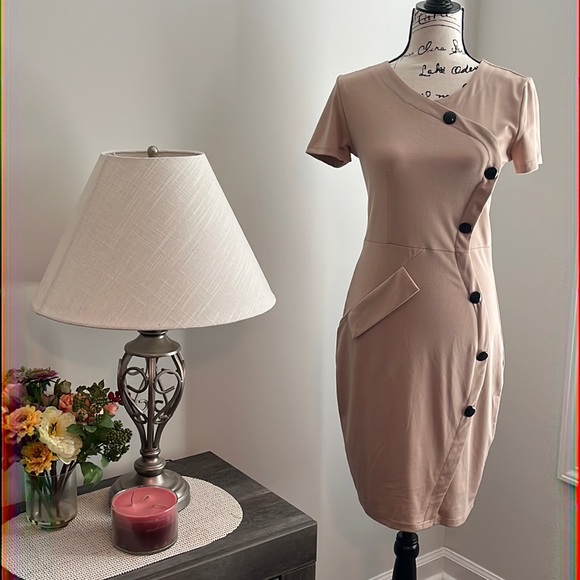 Dresses & Skirts - Short Sleeve Button Decor Pocket Flap Zipper Back Bodycon MIDI Pencil Dress